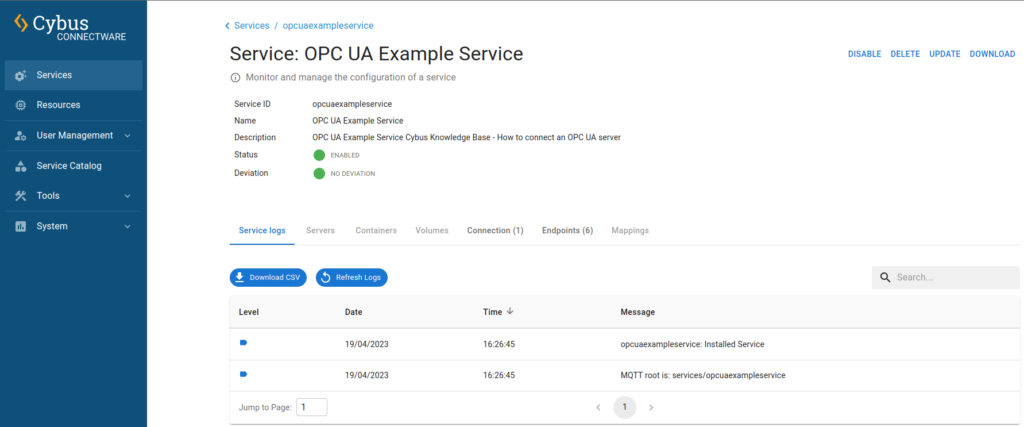 Connectware OPC UA Interface Screenshot
