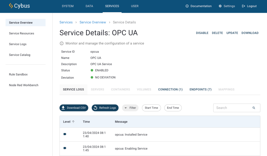 Screenshot of the Service Details view (OPC UA)