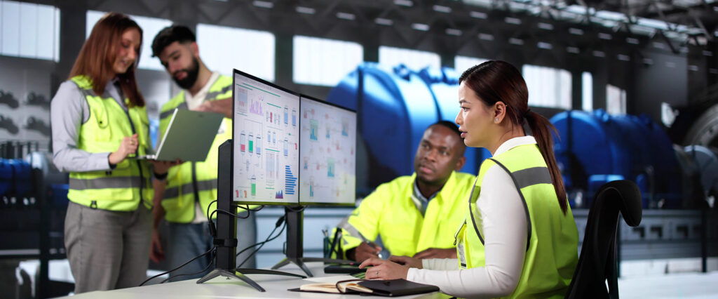 Werker betrachten ein OEE Dashboard mit Livedaten aus der Produktion aus einer Industrial Data Management Lösung