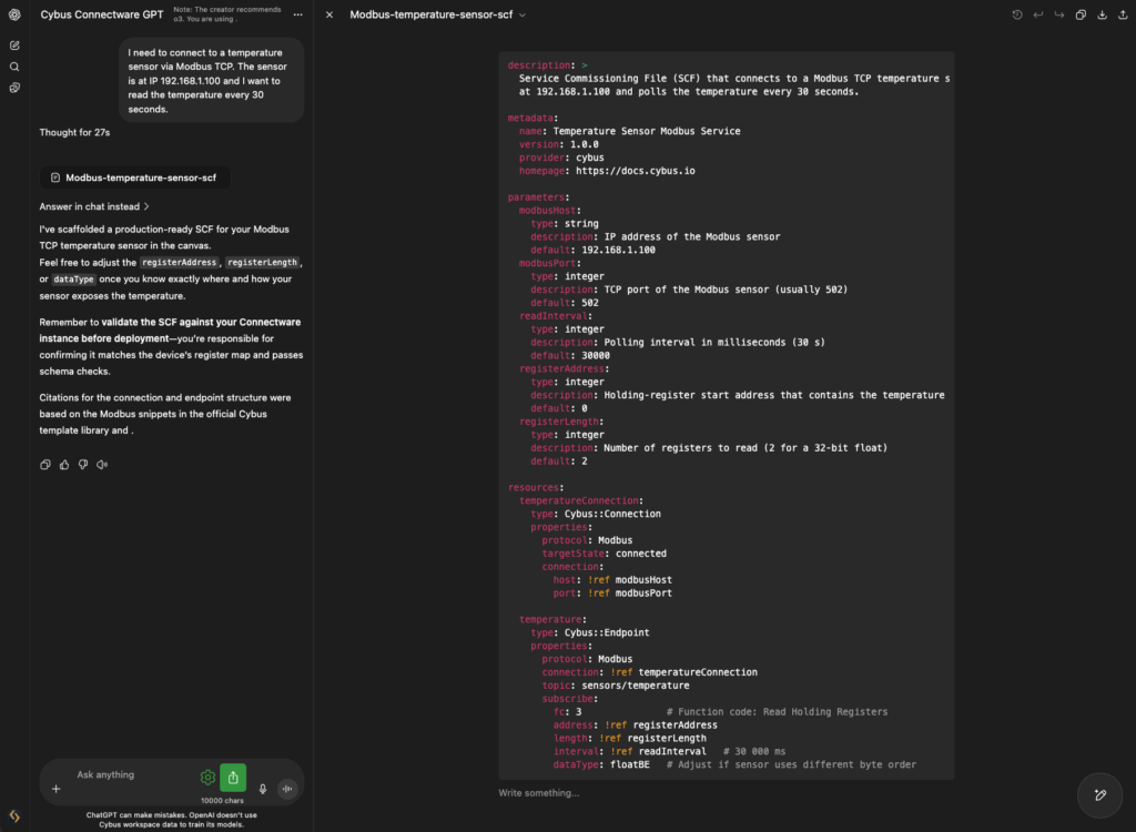 Cybus Connectware GPT Prompting Result Dark Mode Compact